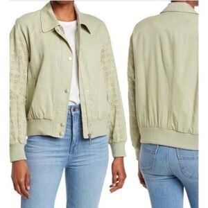 Anthropologie Avec Les Filles Sea‎ Green Eyelet Sleeve Bomber Jacket Sz L